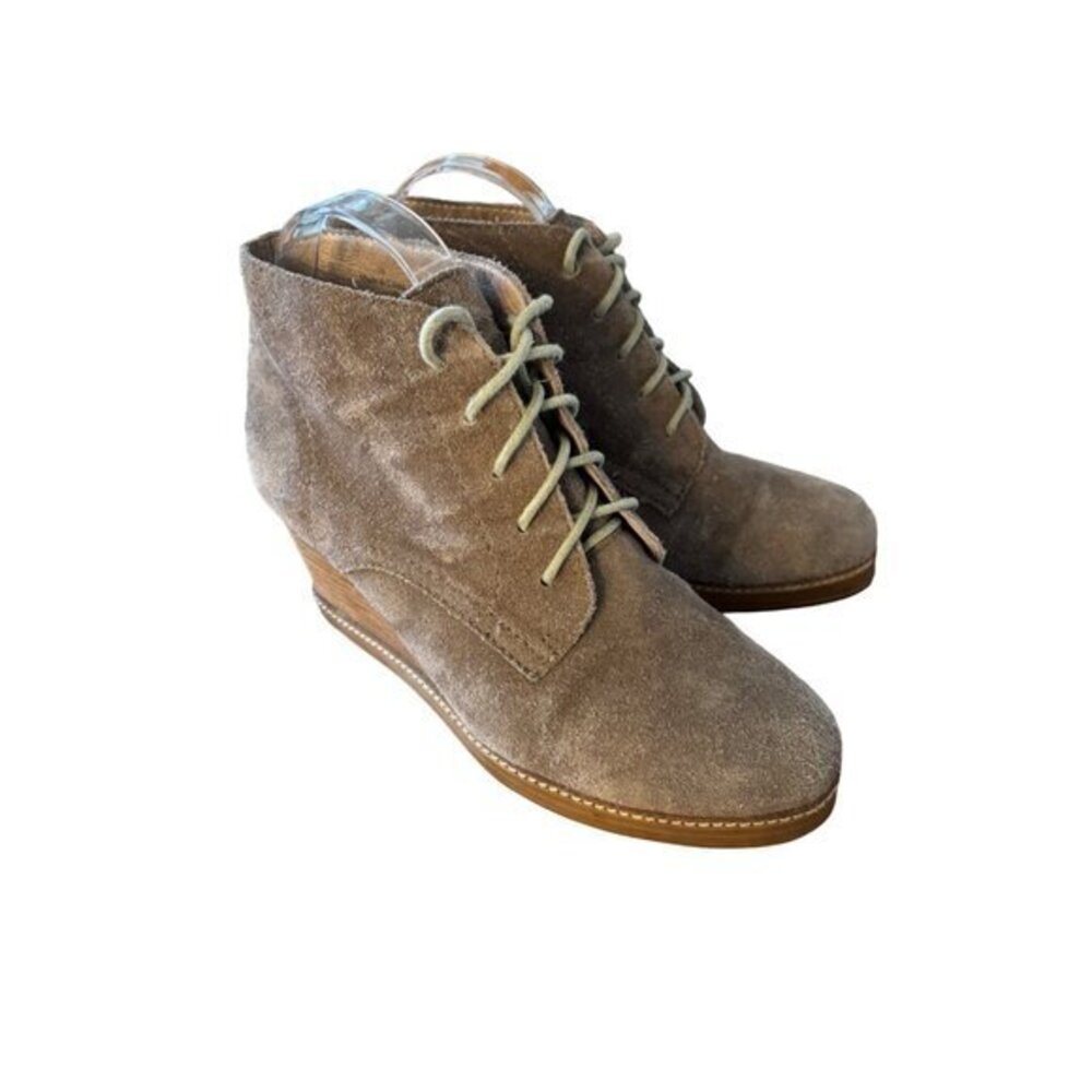 J Jill Taupe Suede Wedge Heel Ankle Booties Boots‎ Laced Stack Wood Heel Size 10